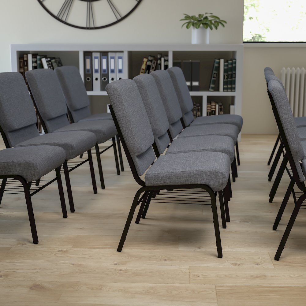 18.5''W Church Chair in Gray Fabric with Book Rack - Gold Vein Frame. Picture 2