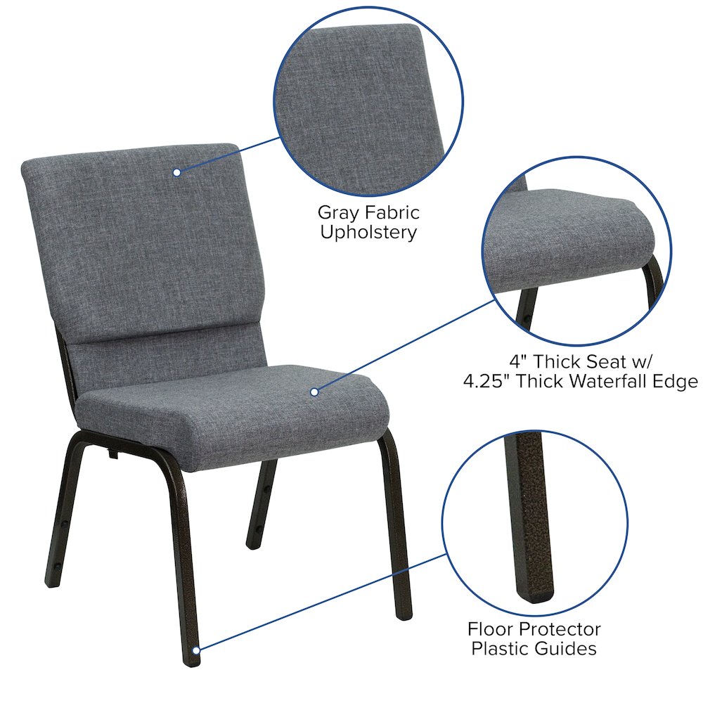 18.5''W Stacking Church Chair in Gray Fabric - Gold Vein Frame. Picture 5