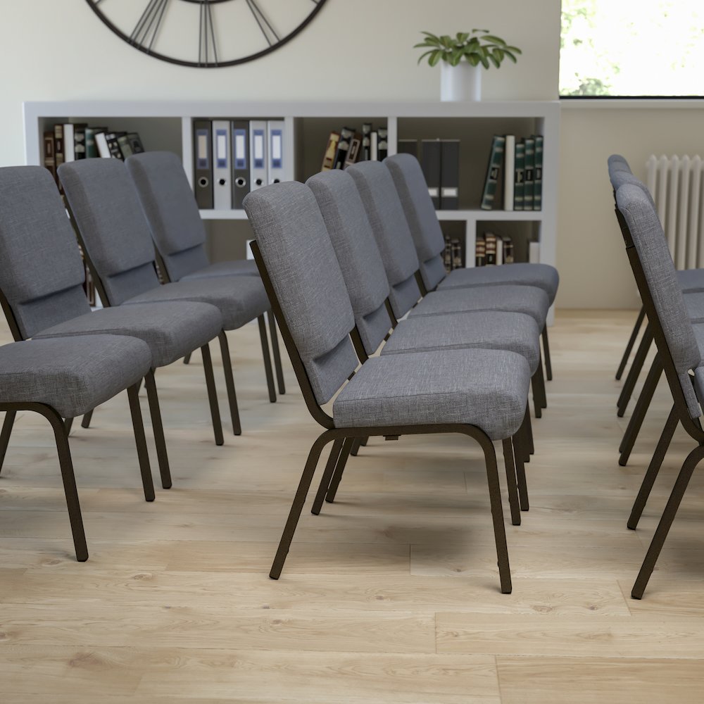 18.5''W Stacking Church Chair in Gray Fabric - Gold Vein Frame. Picture 2