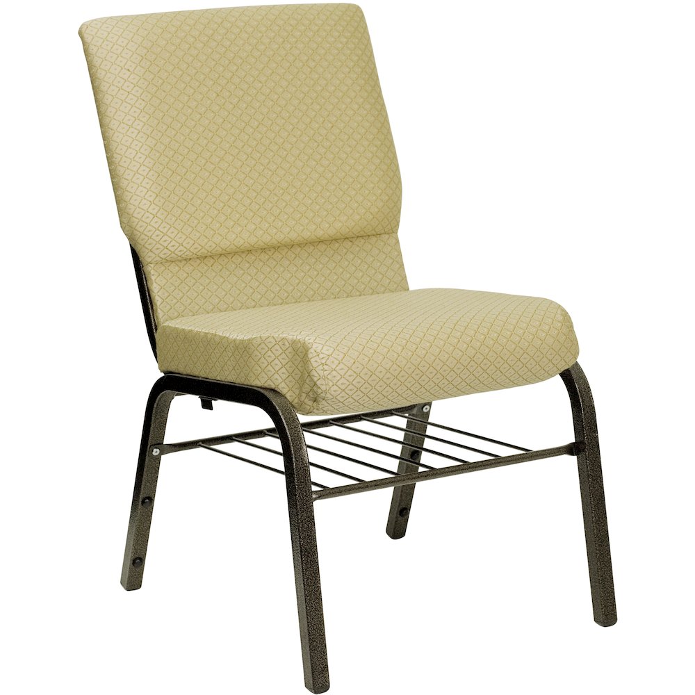18.5''W Church Chair in Beige Patterned Fabric with Book Rack - Gold Vein Frame. Picture 1