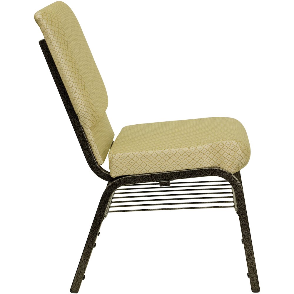 18.5''W Church Chair in Beige Patterned Fabric with Book Rack - Gold Vein Frame. Picture 5
