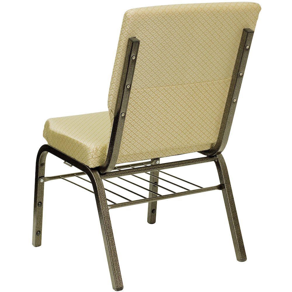 18.5''W Church Chair in Beige Patterned Fabric with Book Rack - Gold Vein Frame. Picture 4