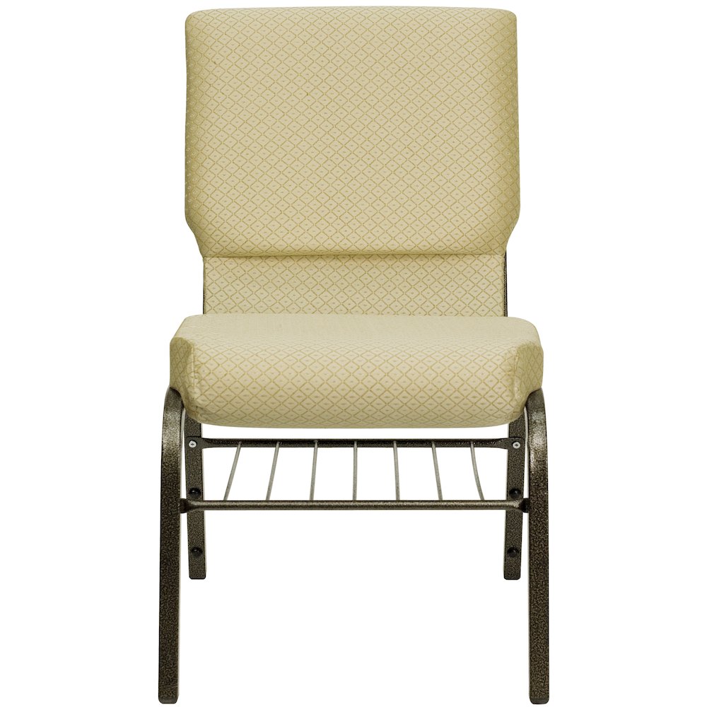 18.5''W Church Chair in Beige Patterned Fabric with Book Rack - Gold Vein Frame. Picture 6