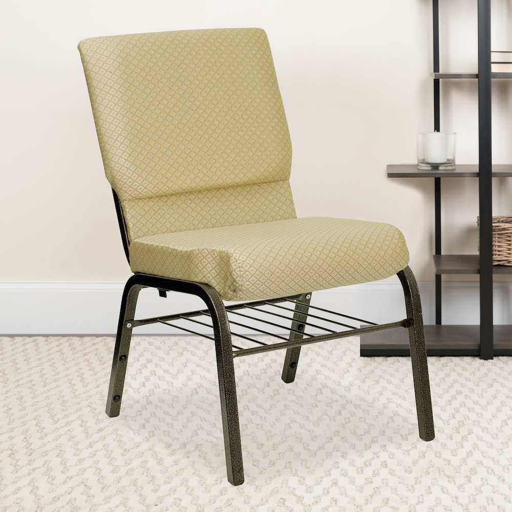18.5''W Church Chair in Beige Patterned Fabric with Book Rack - Gold Vein Frame. Picture 2