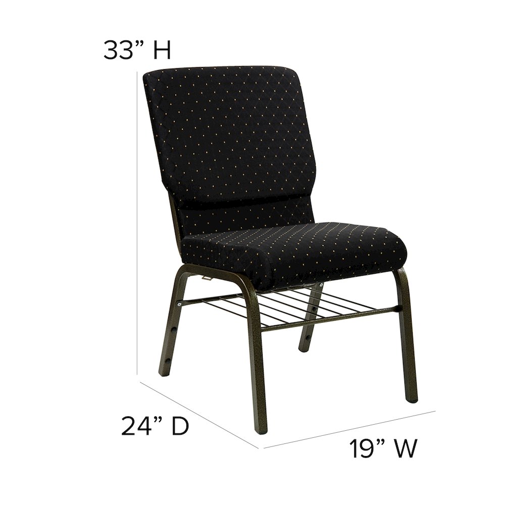 18.5''W Church Chair in Black Dot Fabric with Book Rack - Gold Vein Frame. Picture 5