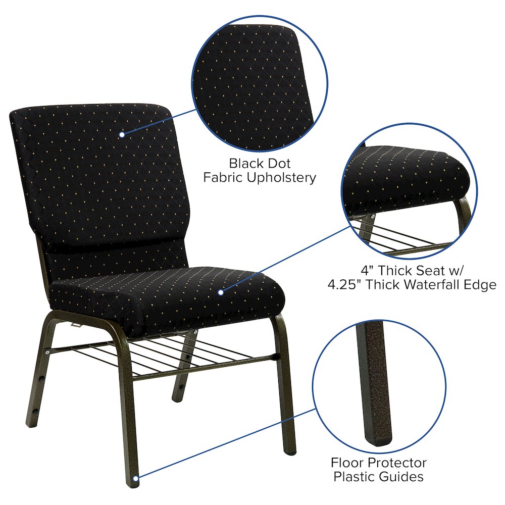 18.5''W Church Chair in Black Dot Fabric with Book Rack - Gold Vein Frame. Picture 4