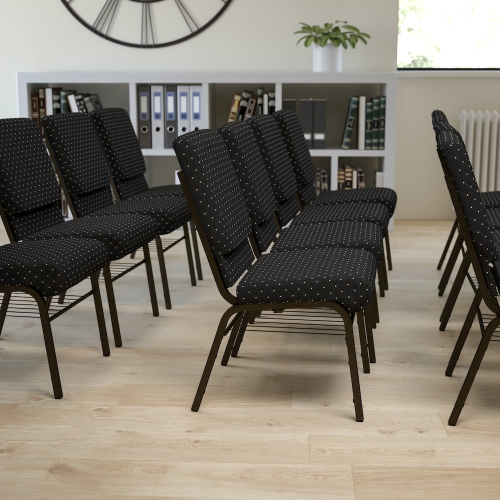 18.5''W Church Chair in Black Dot Fabric with Book Rack - Gold Vein Frame. Picture 2