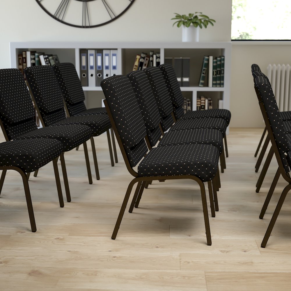18.5''W Stacking Church Chair in Black Dot Patterned Fabric - Gold Vein Frame. Picture 2