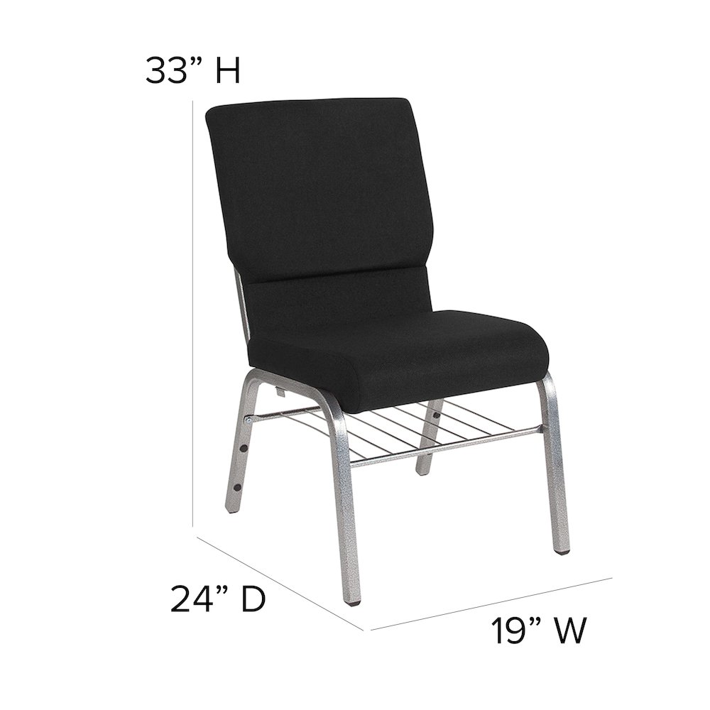 18.5''W Church Chair in Black Fabric with Book Rack - Silver Vein Frame. Picture 5