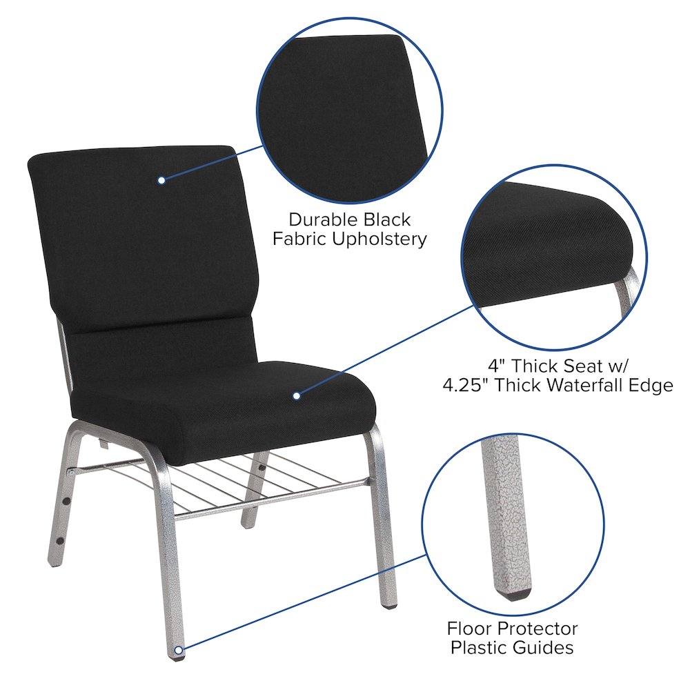 18.5''W Church Chair in Black Fabric with Book Rack - Silver Vein Frame. Picture 4