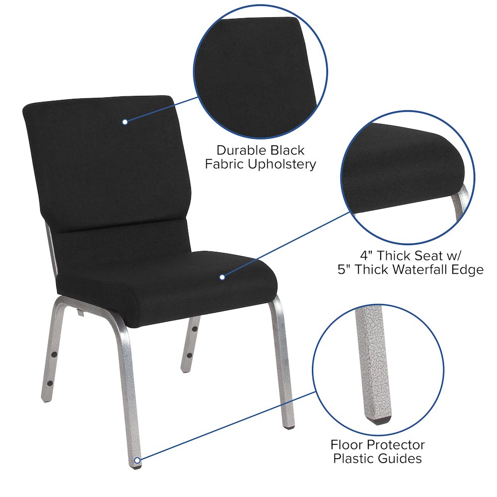 18.5''W Stacking Church Chair in Black Fabric - Silver Vein Frame. Picture 5