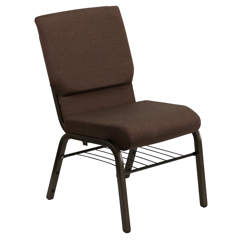 18.5''W Church Chair in Brown Fabric with Book Rack - Gold Vein Frame. Picture 1
