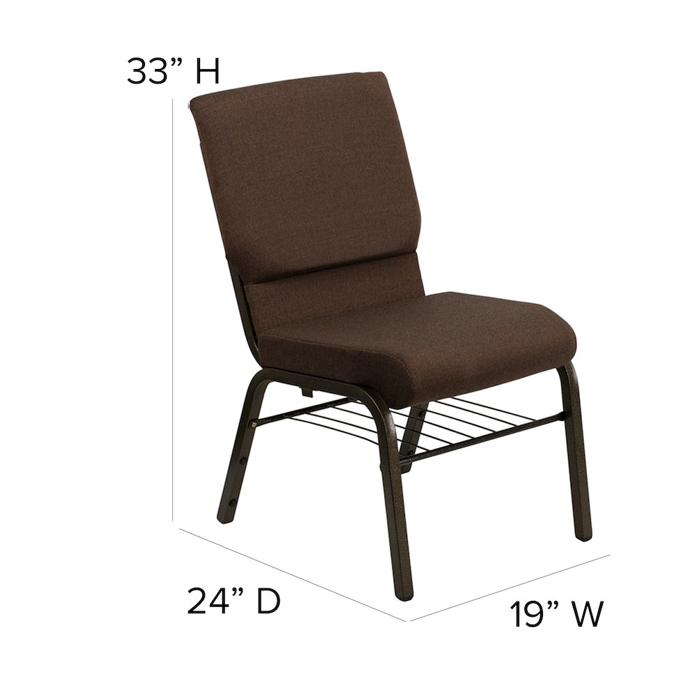 18.5''W Church Chair in Brown Fabric with Book Rack - Gold Vein Frame. Picture 5