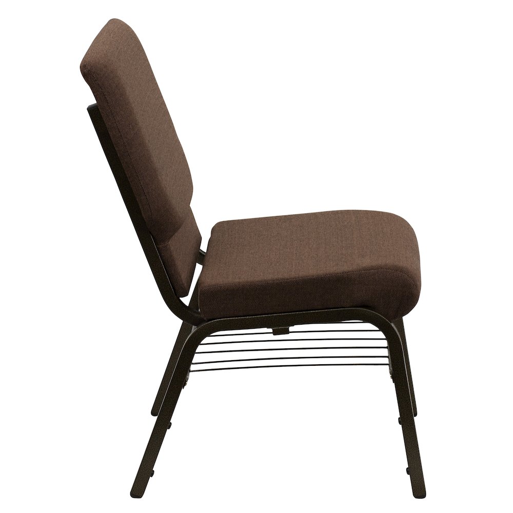 18.5''W Church Chair in Brown Fabric with Book Rack - Gold Vein Frame. Picture 8