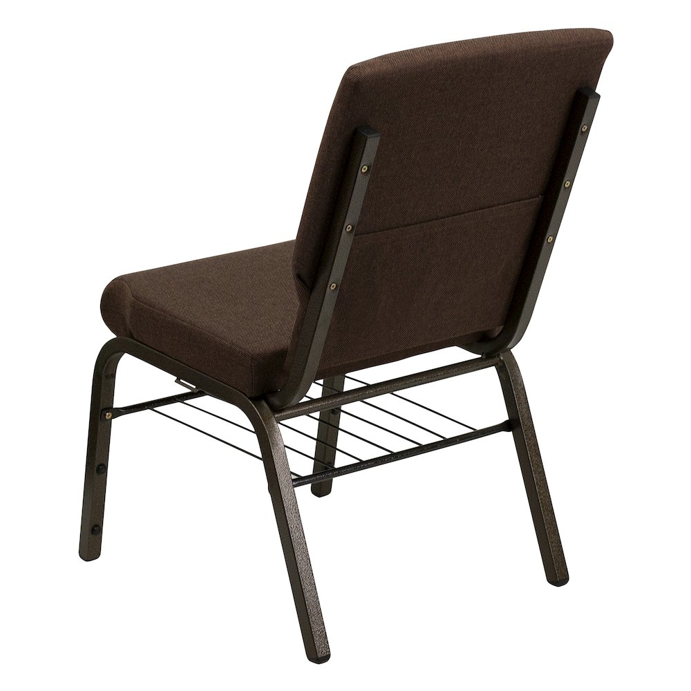 18.5''W Church Chair in Brown Fabric with Book Rack - Gold Vein Frame. Picture 6