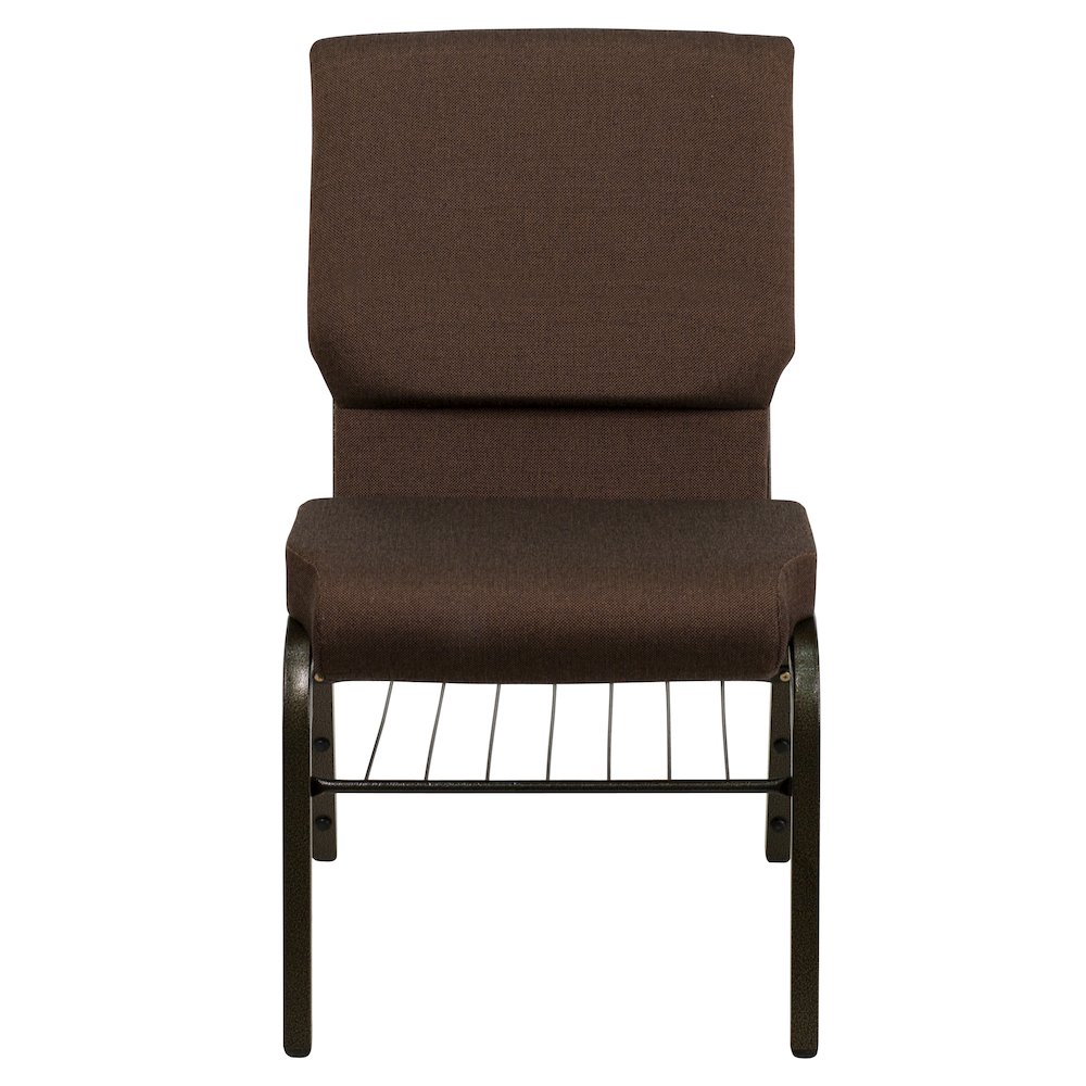 18.5''W Church Chair in Brown Fabric with Book Rack - Gold Vein Frame. Picture 9