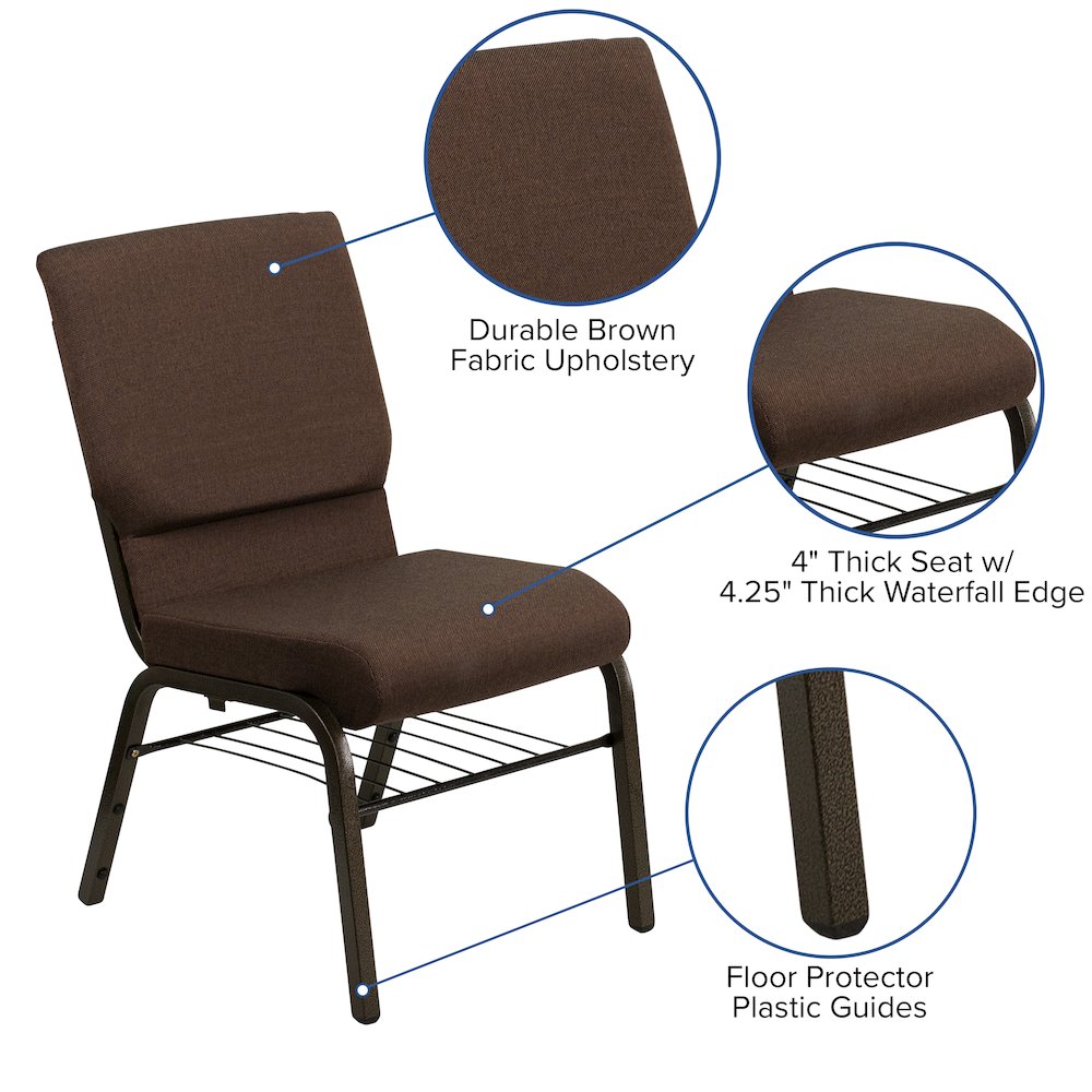 18.5''W Church Chair in Brown Fabric with Book Rack - Gold Vein Frame. Picture 4