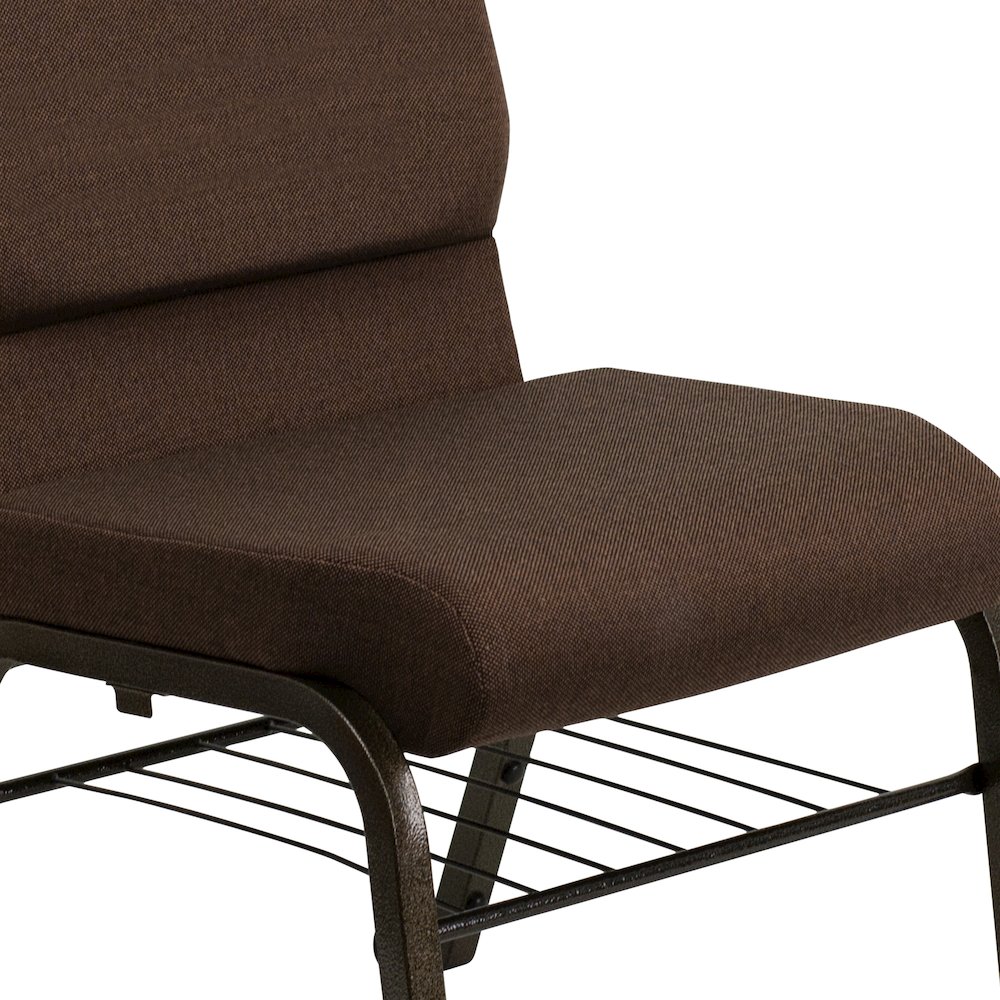 18.5''W Church Chair in Brown Fabric with Book Rack - Gold Vein Frame. Picture 10