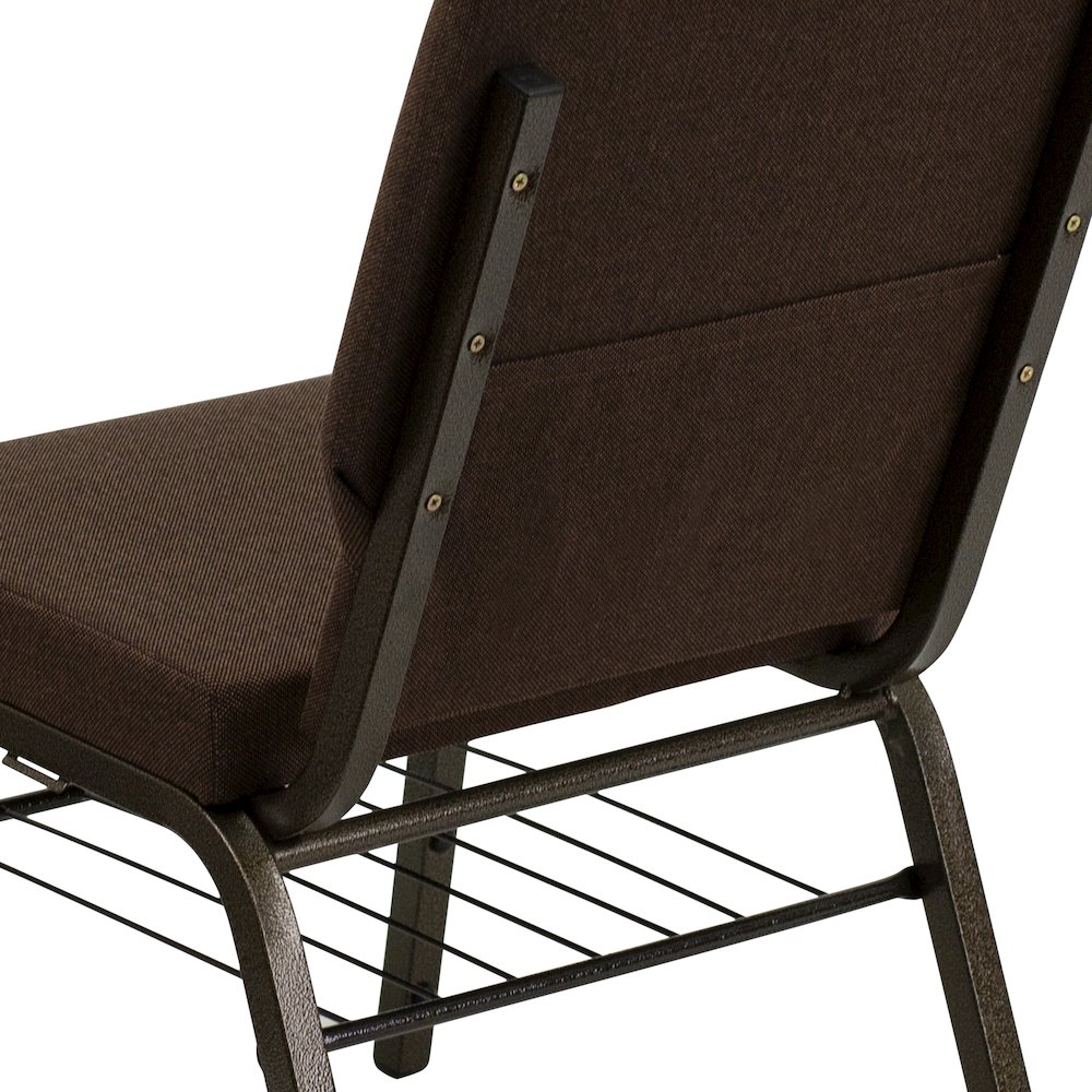 18.5''W Church Chair in Brown Fabric with Book Rack - Gold Vein Frame. Picture 7
