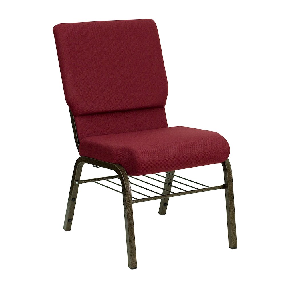 18.5''W Church Chair in Burgundy Fabric with Book Rack - Gold Vein Frame. Picture 1
