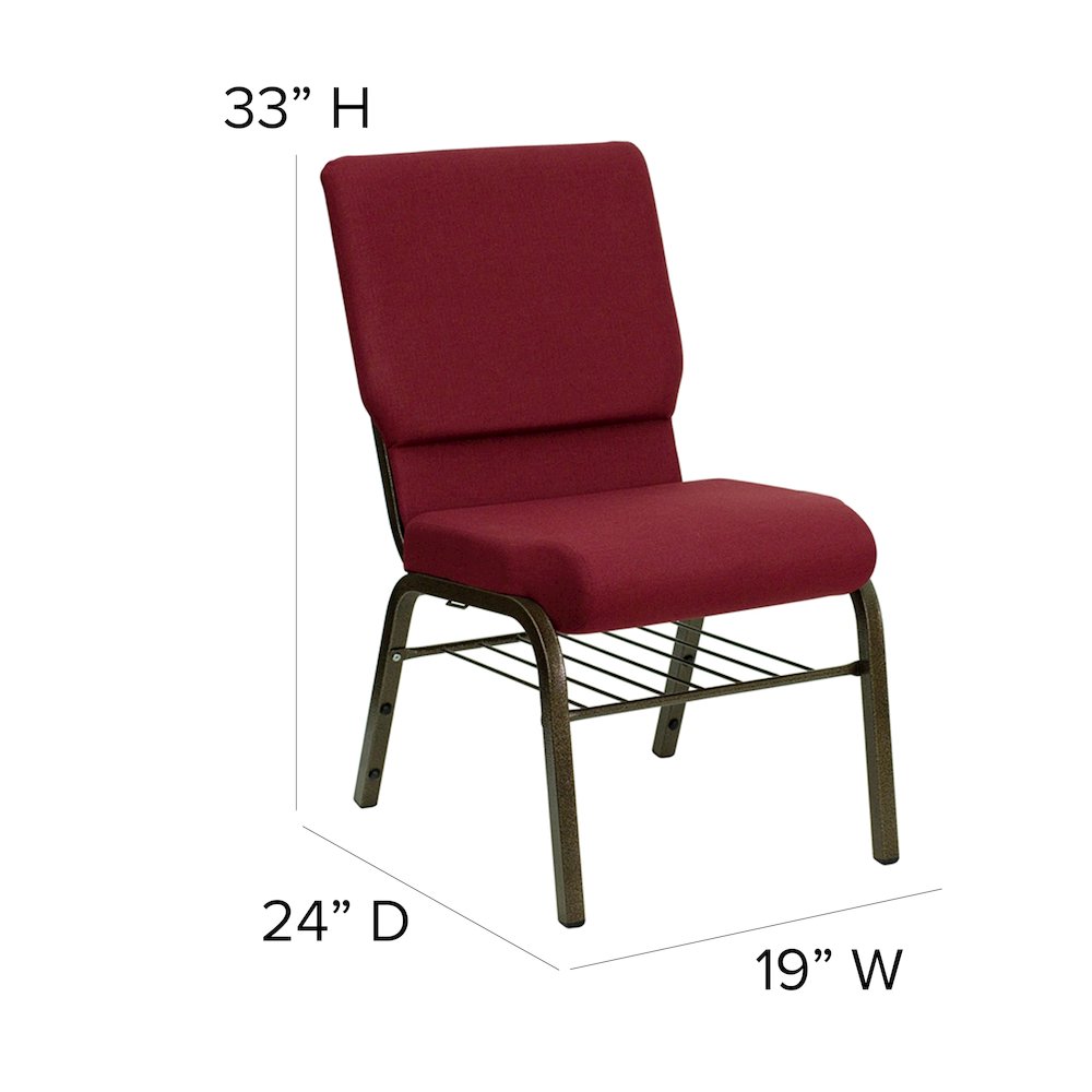 18.5''W Church Chair in Burgundy Fabric with Book Rack - Gold Vein Frame. Picture 5