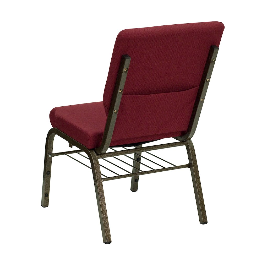 18.5''W Church Chair in Burgundy Fabric with Book Rack - Gold Vein Frame. Picture 3