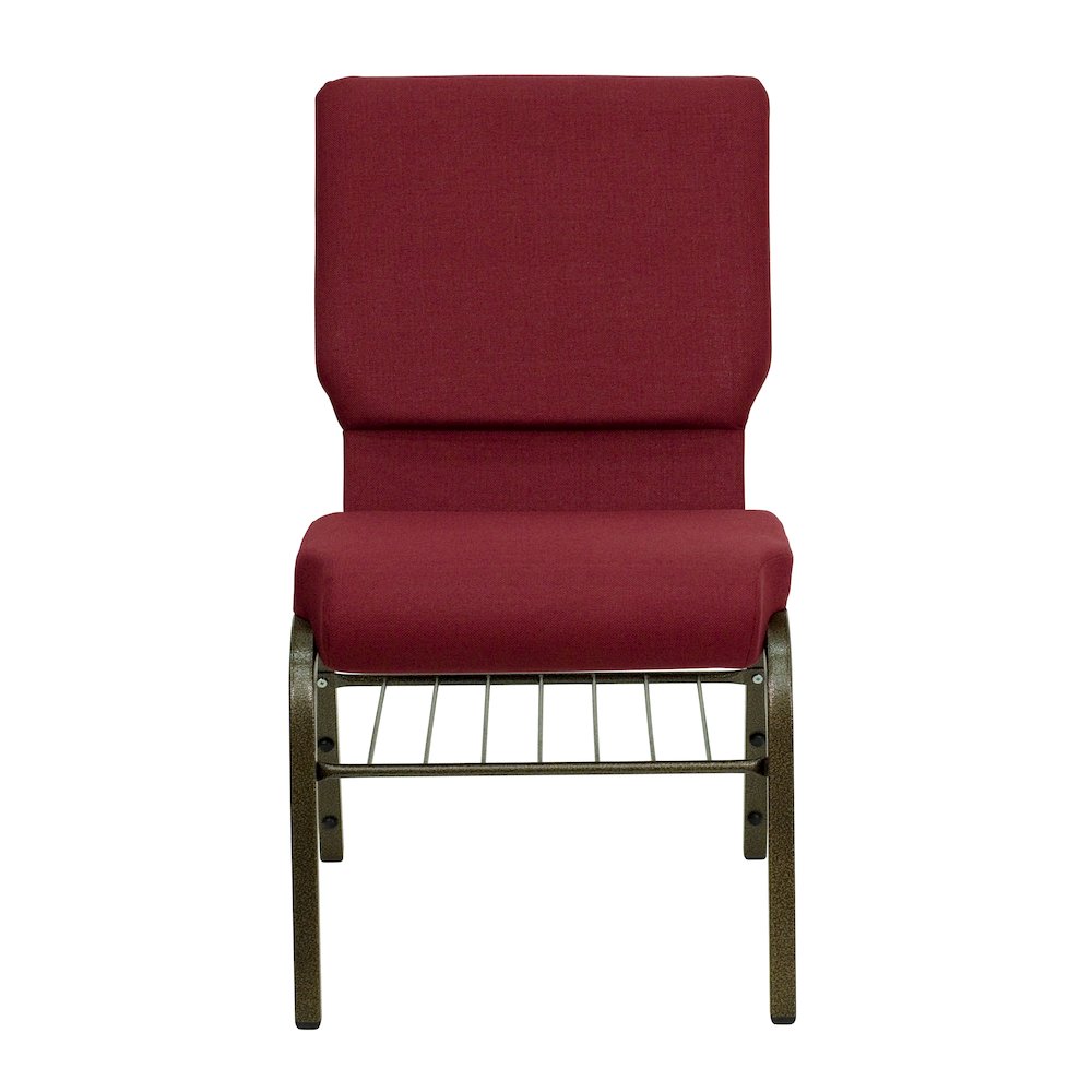 18.5''W Church Chair in Burgundy Fabric with Book Rack - Gold Vein Frame. Picture 4