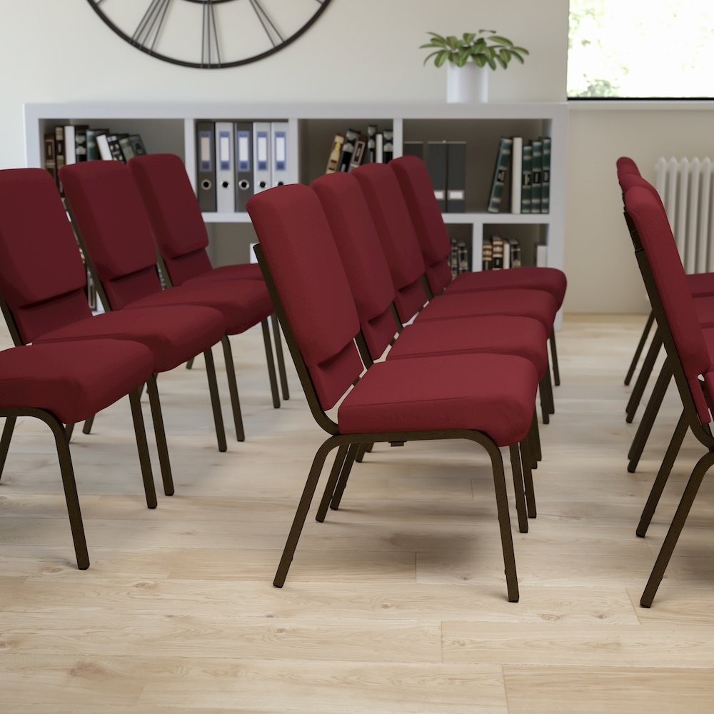 18.5''W Stacking Church Chair in Burgundy Fabric - Gold Vein Frame. Picture 2