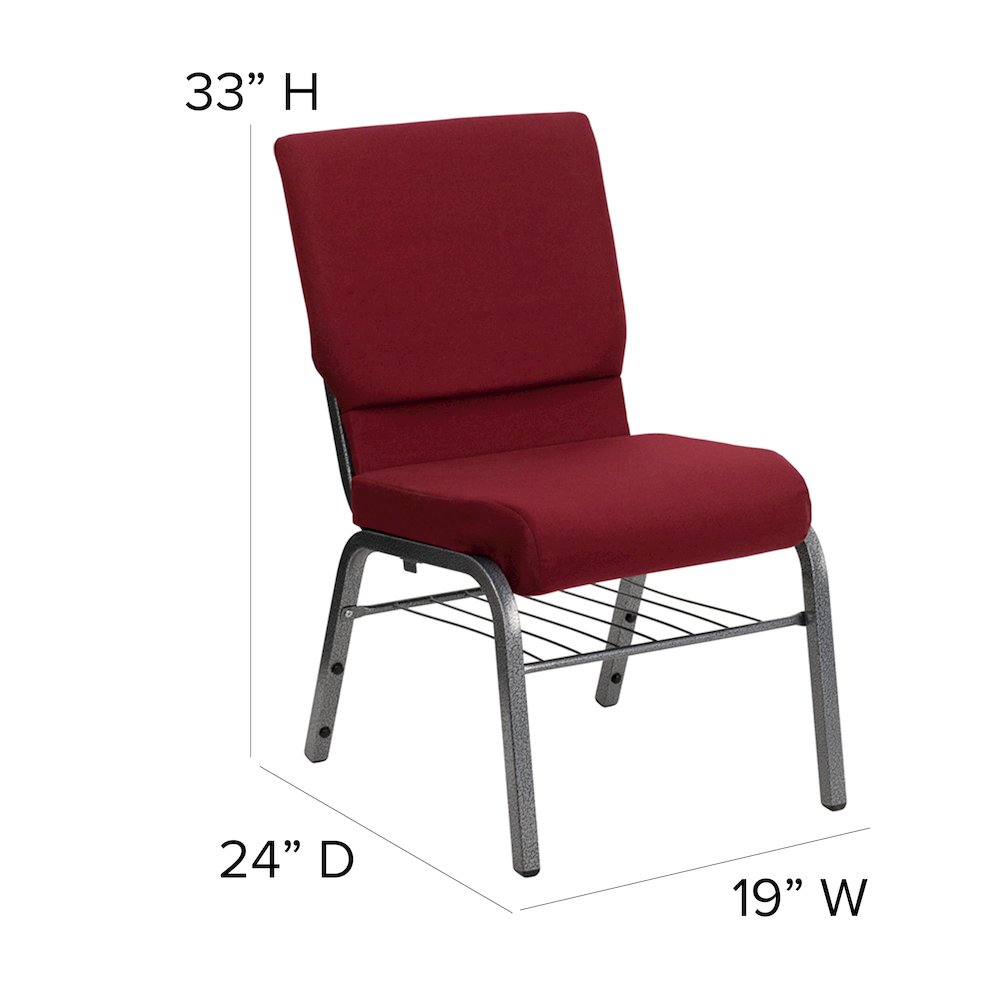 18.5''W Church Chair in Burgundy Fabric with Book Rack - Silver Vein Frame. Picture 5