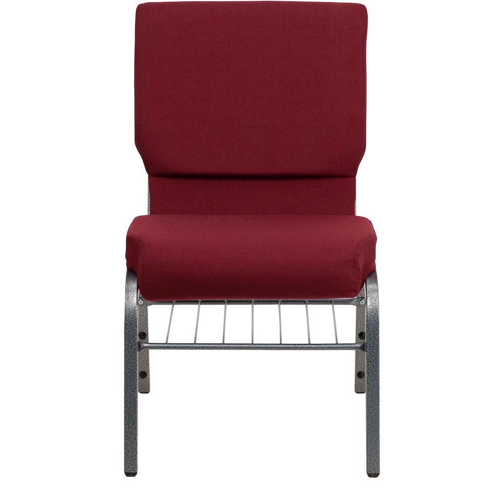18.5''W Church Chair in Burgundy Fabric with Book Rack - Silver Vein Frame. Picture 9