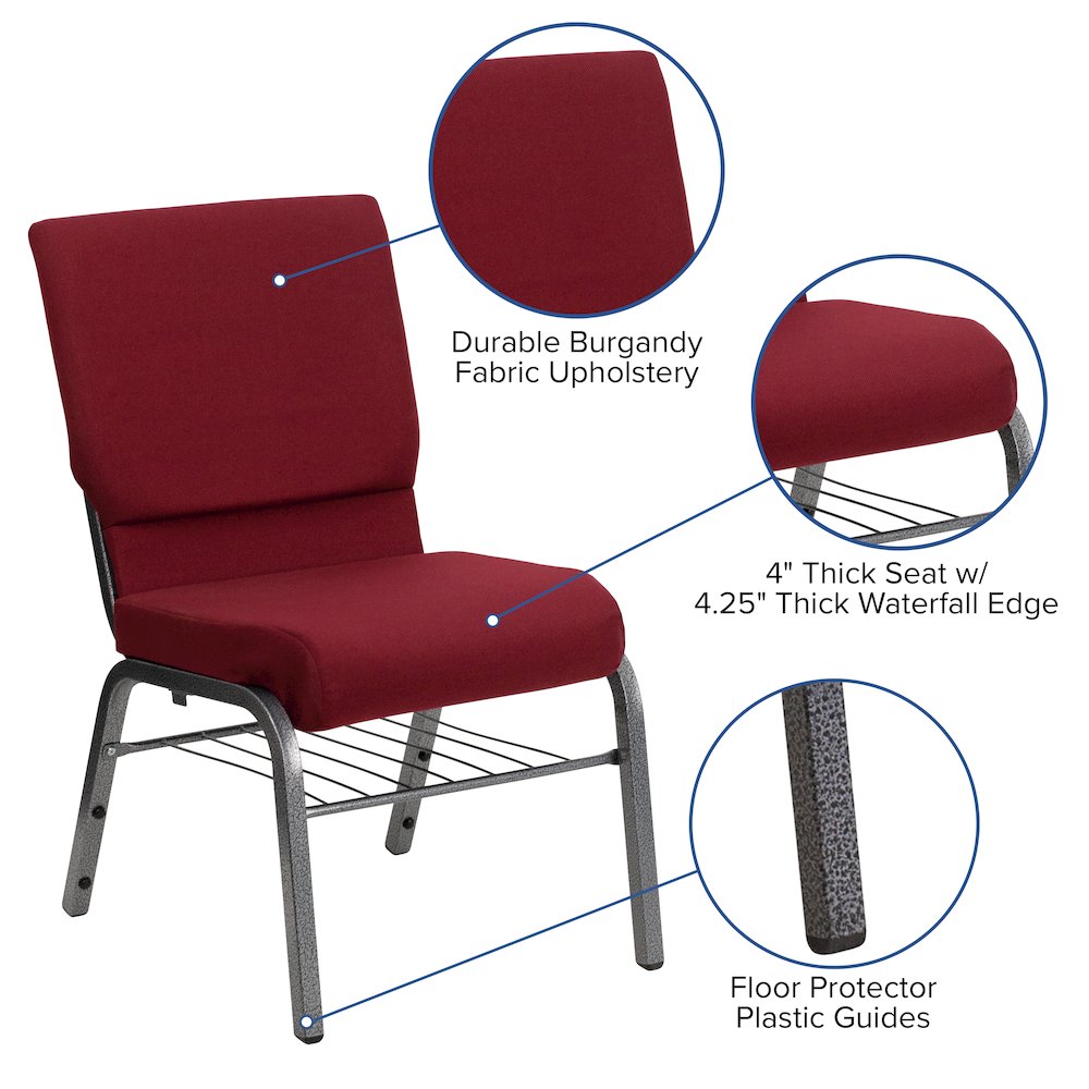 18.5''W Church Chair in Burgundy Fabric with Book Rack - Silver Vein Frame. Picture 4