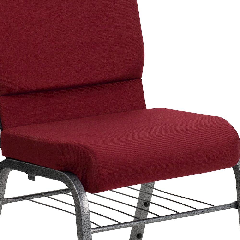 18.5''W Church Chair in Burgundy Fabric with Book Rack - Silver Vein Frame. Picture 10