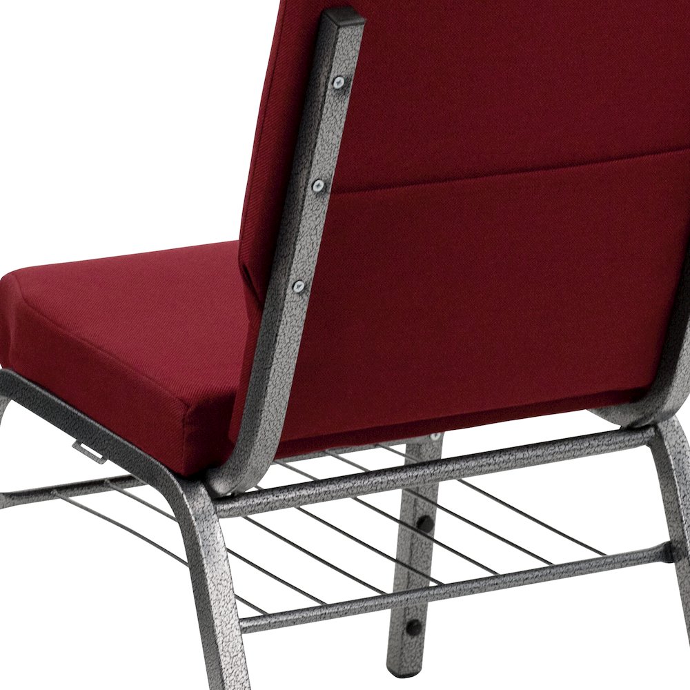 18.5''W Church Chair in Burgundy Fabric with Book Rack - Silver Vein Frame. Picture 7