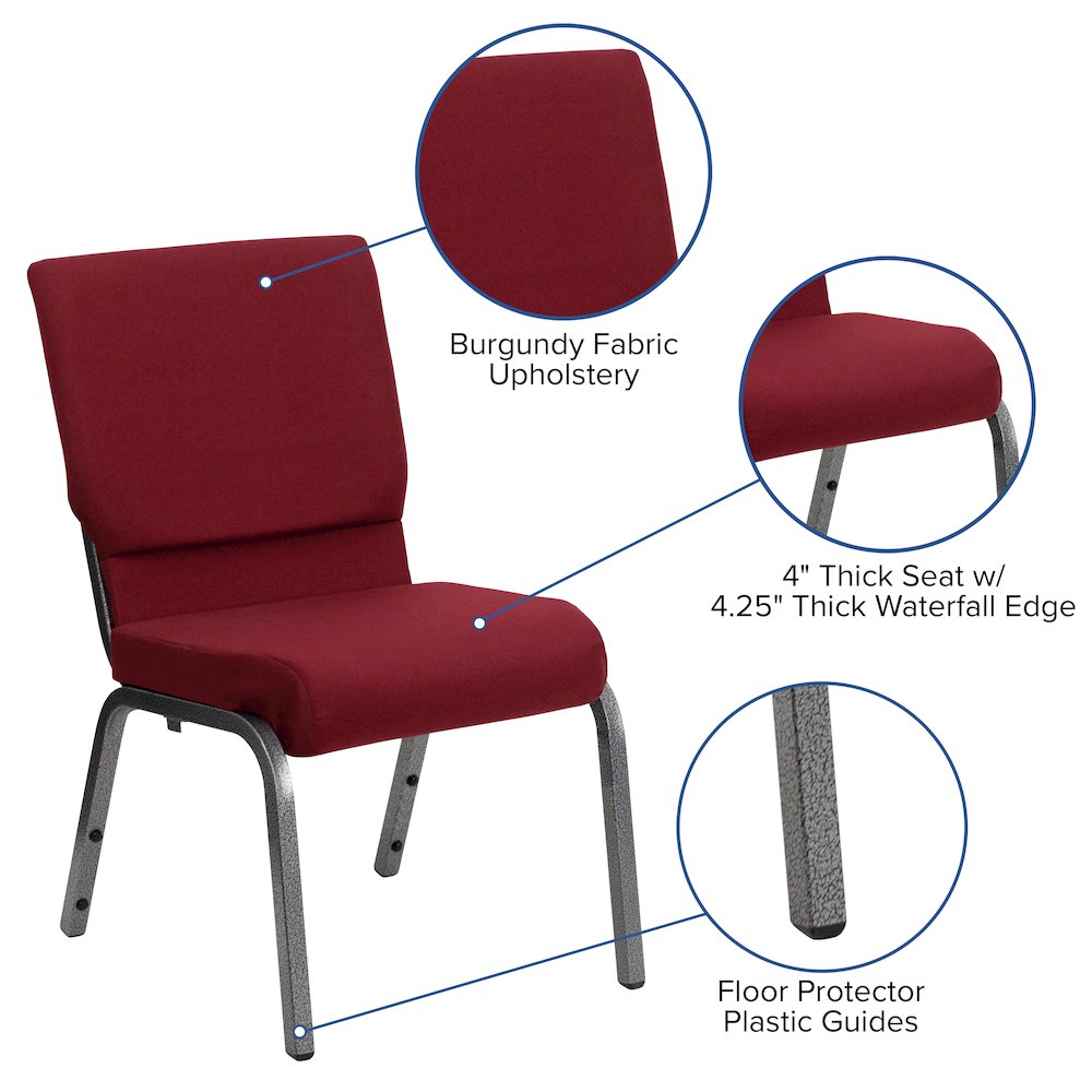 18.5''W Stacking Church Chair in Burgundy Fabric - Silver Vein Frame. Picture 5