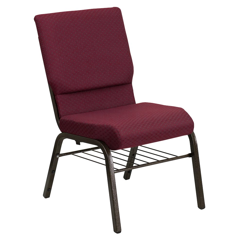 18.5''W Church Chair in Burgundy Patterned Fabric with Book Rack - Gold Vein Frame. Picture 1