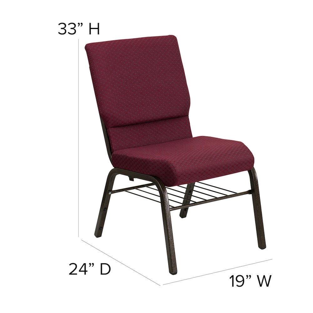 18.5''W Church Chair in Burgundy Fabric with Book Rack - Gold Vein Frame. Picture 5