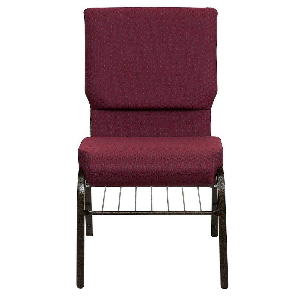 18.5''W Church Chair in Burgundy Patterned Fabric with Book Rack - Gold Vein Frame. Picture 4