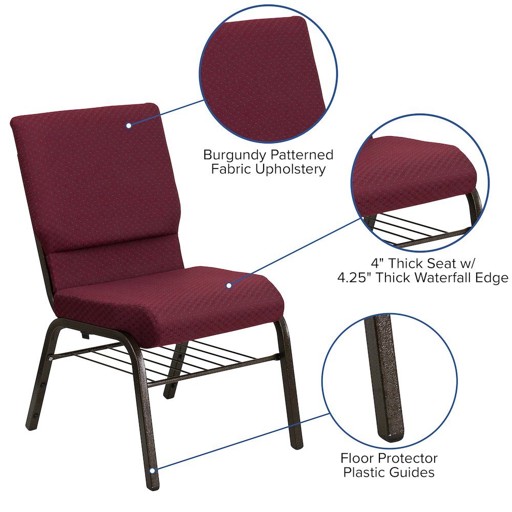 18.5''W Church Chair in Burgundy Patterned Fabric with Book Rack - Gold Vein Frame. Picture 5