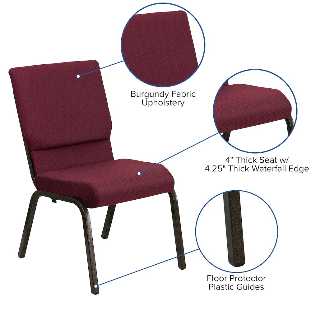 18.5''W Stacking Church Chair in Burgundy Patterned Fabric - Gold Vein Frame. Picture 5