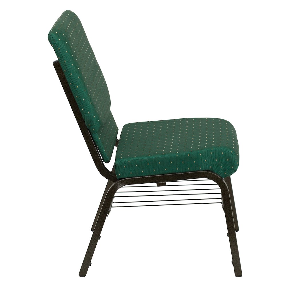 18.5''W Church Chair in Green Patterned Fabric with Book Rack - Gold Vein Frame. Picture 3