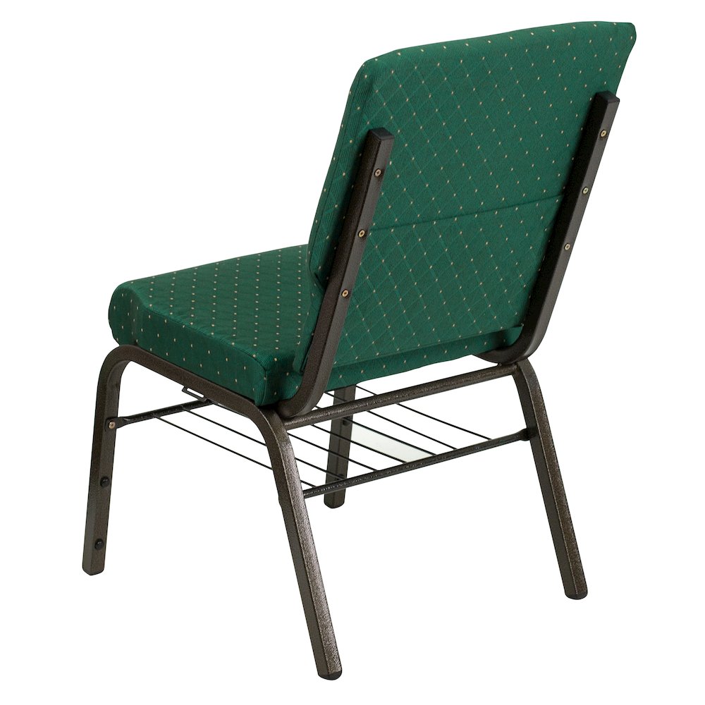 18.5''W Church Chair in Green Patterned Fabric with Book Rack - Gold Vein Frame. Picture 2