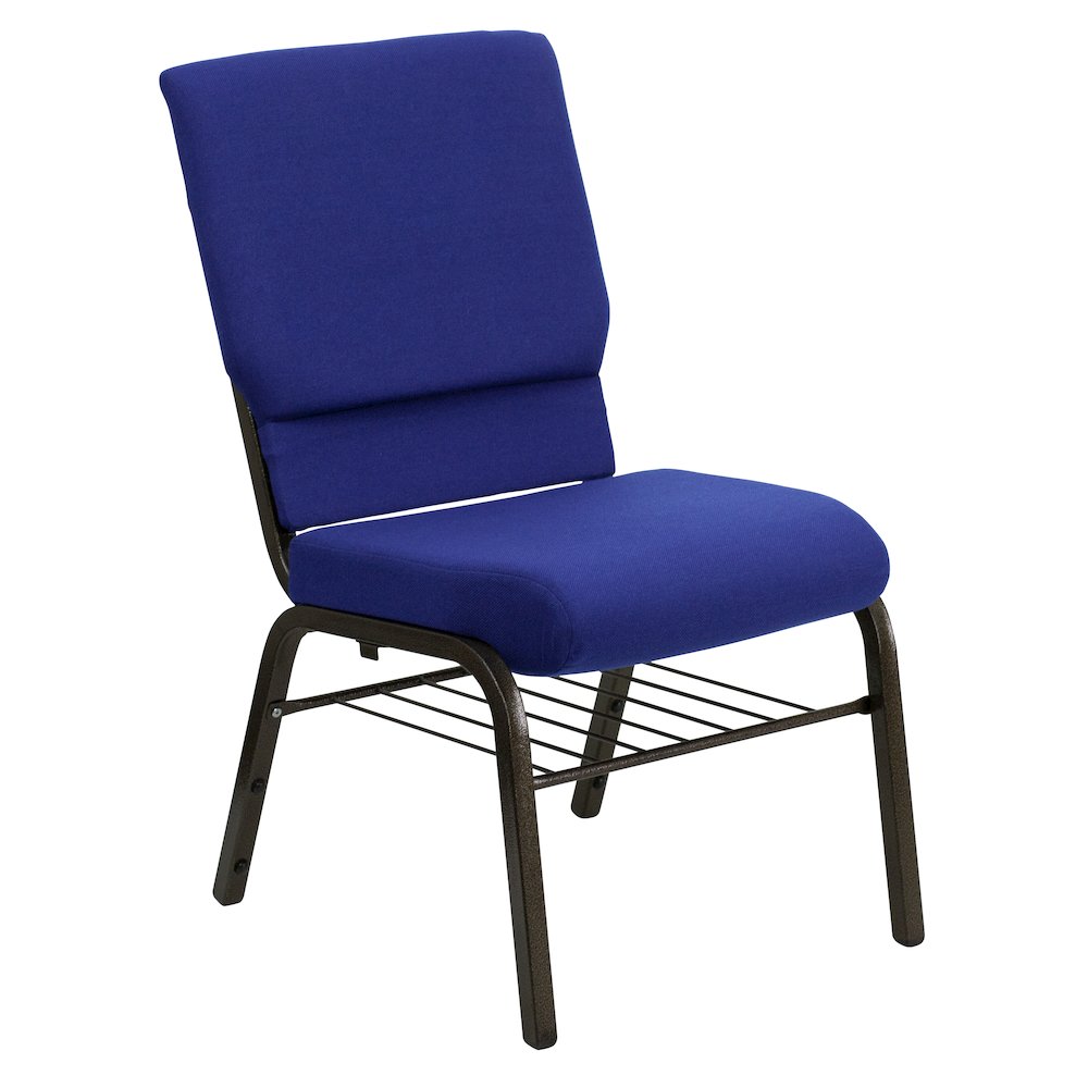 18.5''W Church Chair in Navy Blue Fabric with Book Rack - Gold Vein Frame. Picture 1