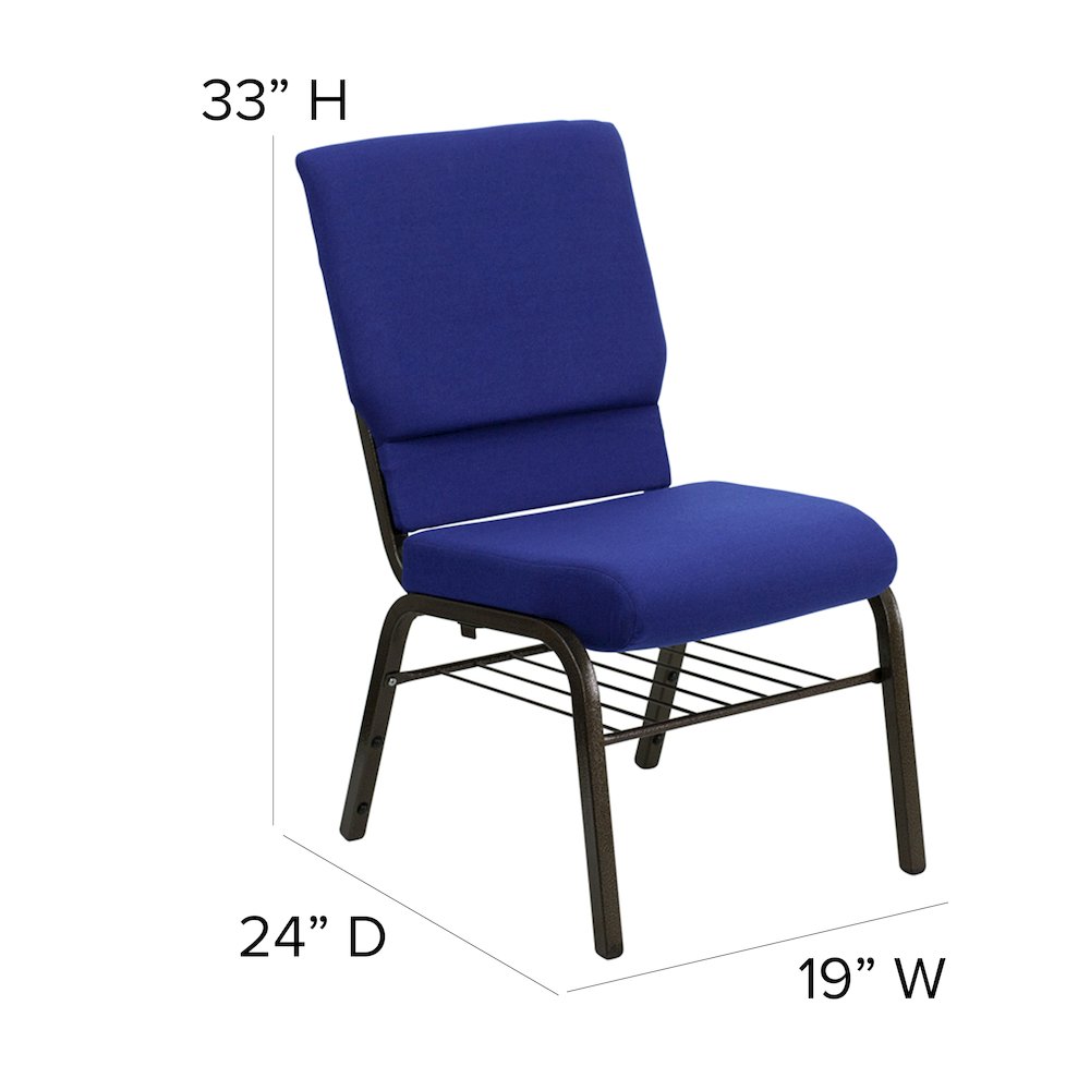 18.5''W Church Chair in Navy Blue Fabric with Book Rack - Gold Vein Frame. Picture 5