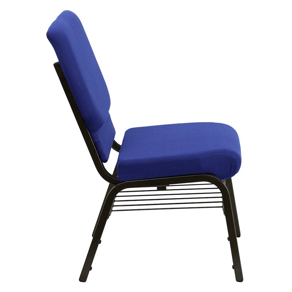 18.5''W Church Chair in Navy Blue Fabric with Book Rack - Gold Vein Frame. Picture 8
