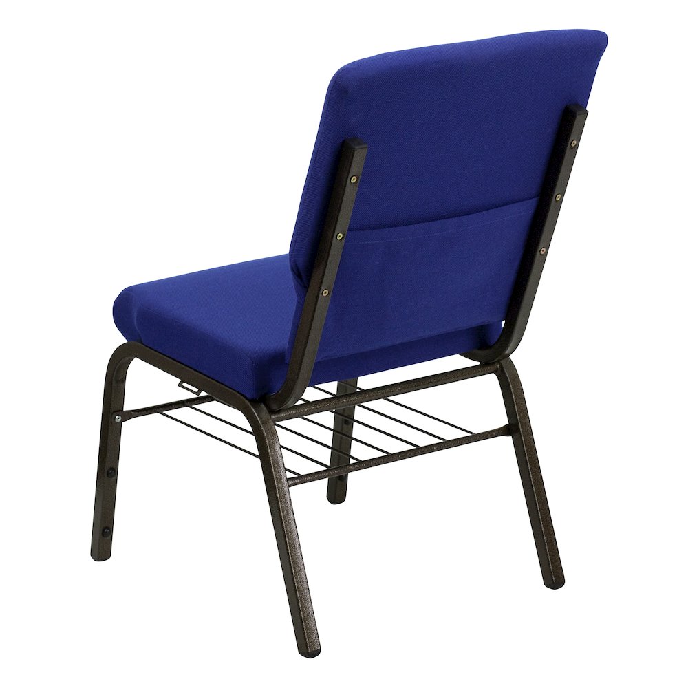 18.5''W Church Chair in Navy Blue Fabric with Book Rack - Gold Vein Frame. Picture 6