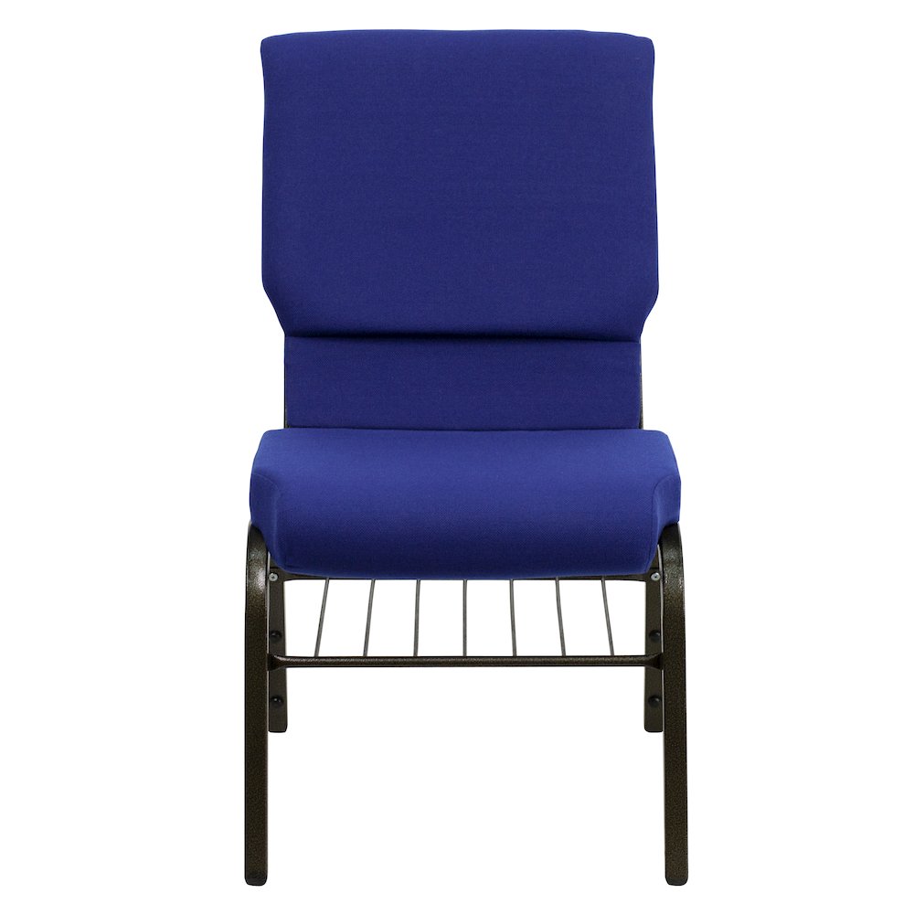 18.5''W Church Chair in Navy Blue Fabric with Book Rack - Gold Vein Frame. Picture 9