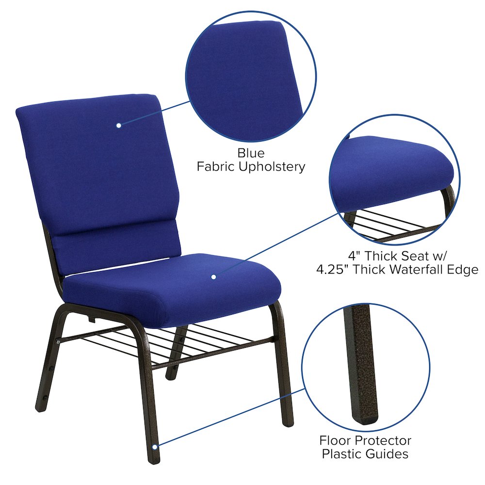 18.5''W Church Chair in Navy Blue Fabric with Book Rack - Gold Vein Frame. Picture 4