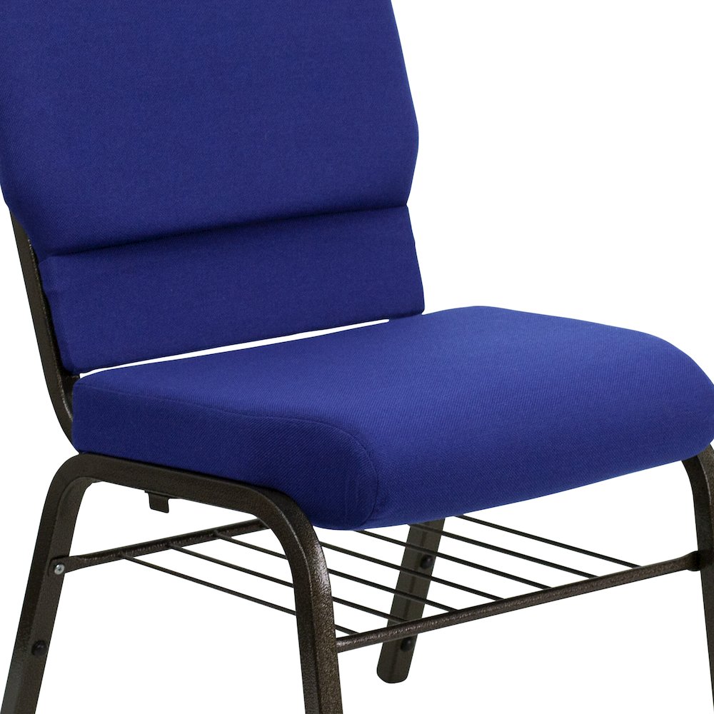 18.5''W Church Chair in Navy Blue Fabric with Book Rack - Gold Vein Frame. Picture 10
