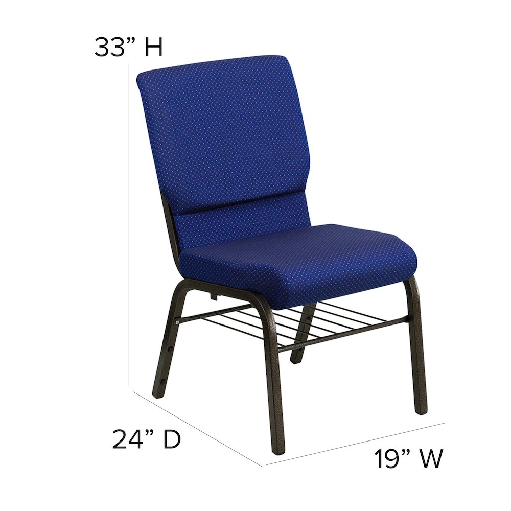 18.5''W Church Chair in Navy Blue Fabric with Book Rack - Gold Vein Frame. Picture 5