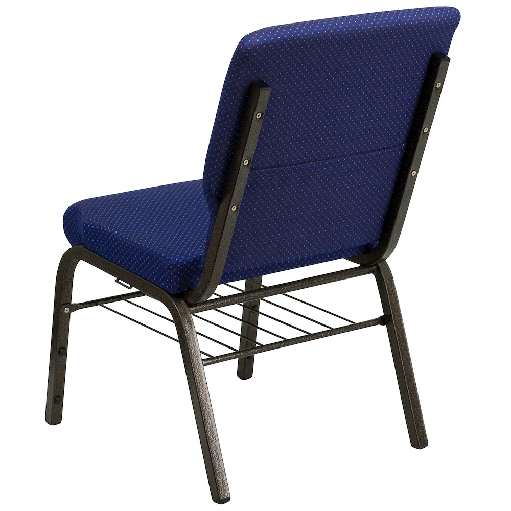 18.5''W Church Chair in Navy Blue Fabric with Book Rack - Gold Vein Frame. Picture 6